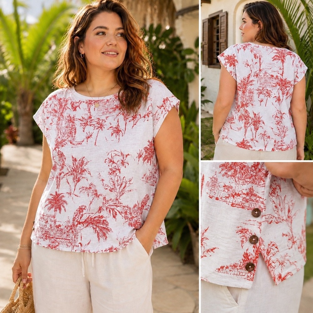 Joie Linen Tropical Print Tee Large Red Orange White Boxy Top Button Side Slits